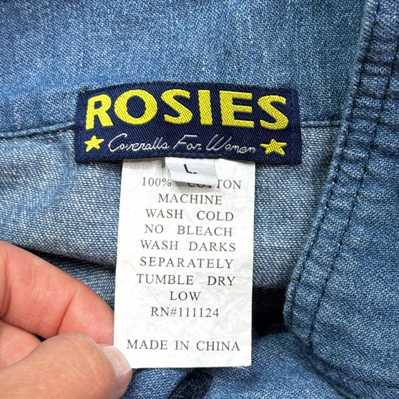 Rosies Denim Coveralls Large Front Closure Knee Pockets Size Large - Picture 6 of 7
